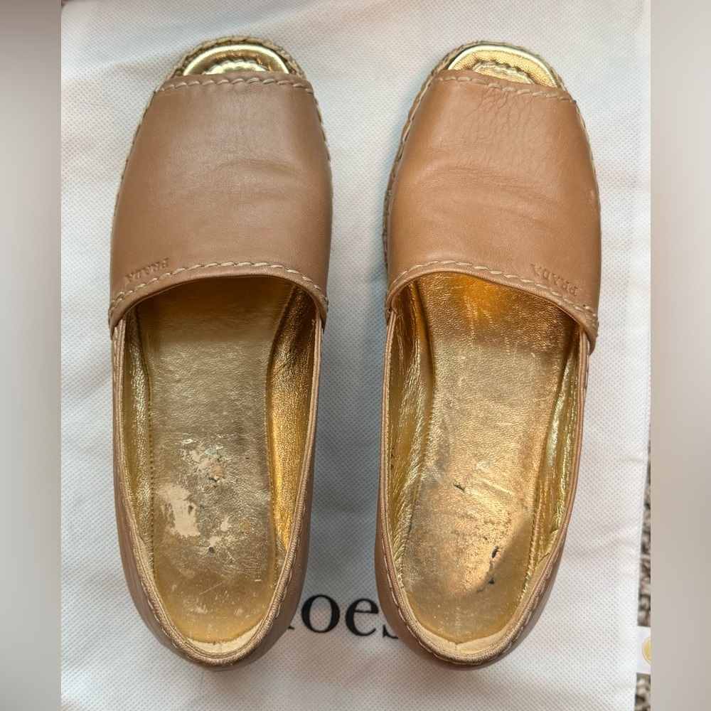Prada Wedges Sandals Tan Leather with Gold Accents